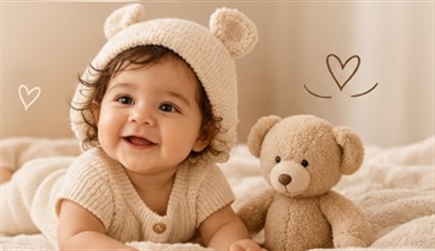 Happy baby in knit hat lying down with teddy bear at Mamas Baby Store